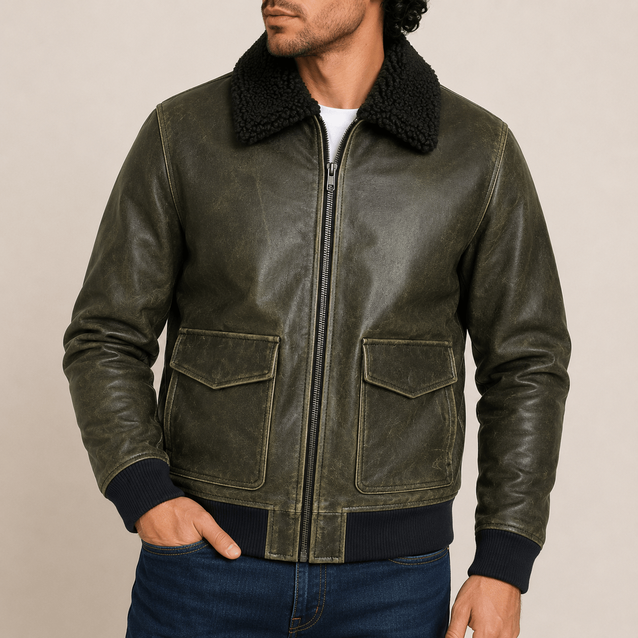 Olive Distressed Cowhide Bomber Jacket